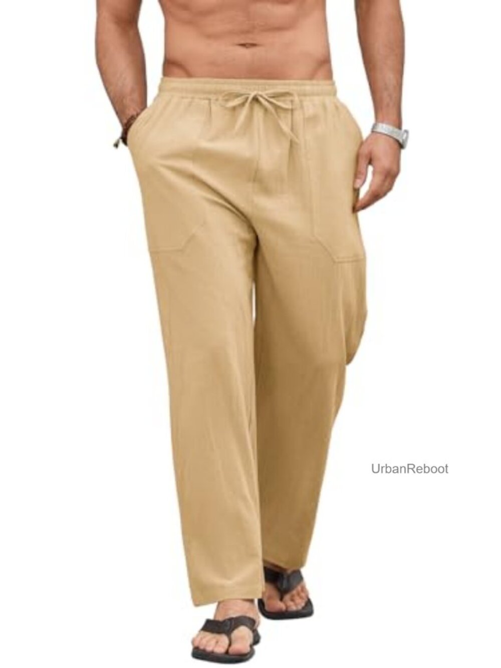 Men Linen Drawstring Pants Casual Summer Cotton Trousers Lightweight Breathable